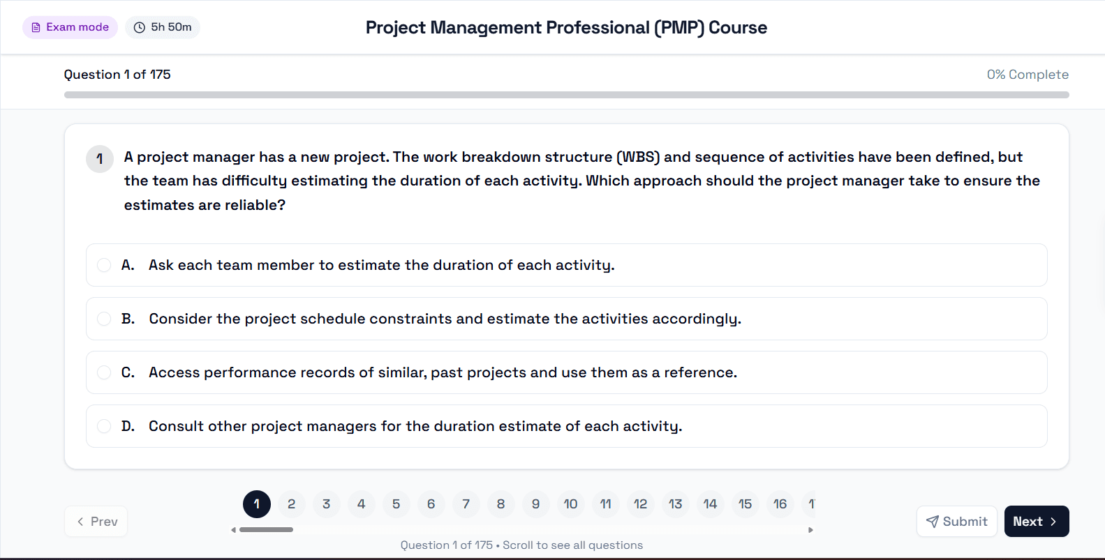 PMP simulator full-length exam screen with countdown timer