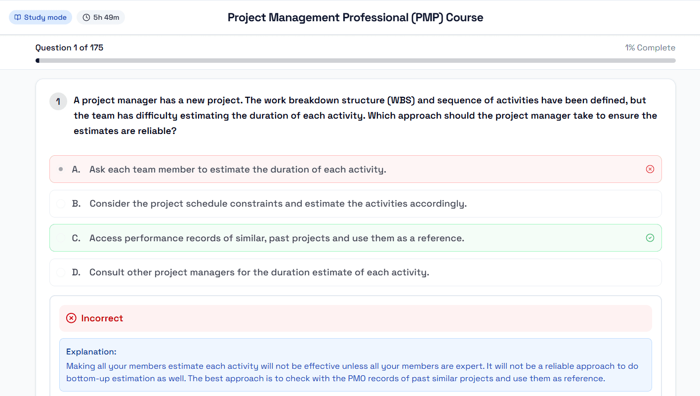 PMP simulator answer review with rationale for each option