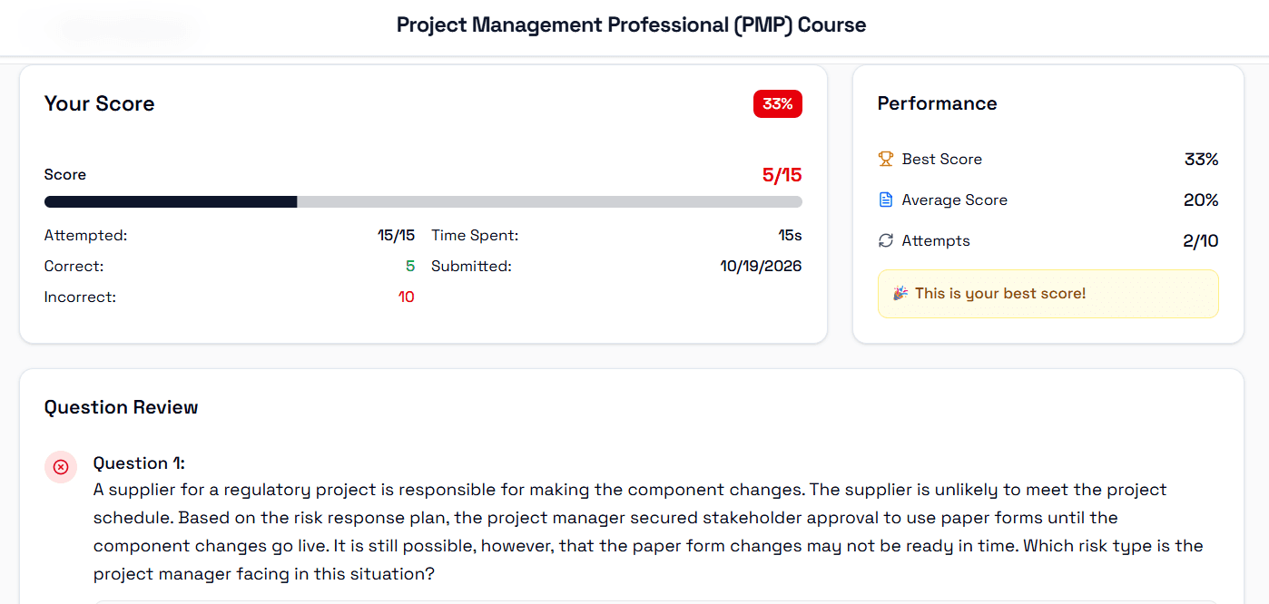 PMP simulator performance dashboard showing progress across exams